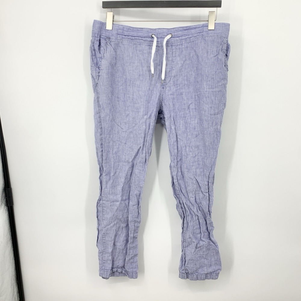 LL Bean Women Size 18 Pants‎ Slim Straight Pull On Blue White Striped Linen